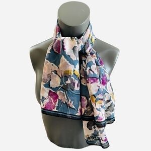 A NEW DAY Gray Purple Black Flower Chiffon Lightweight Floral Scarf Neckerchief